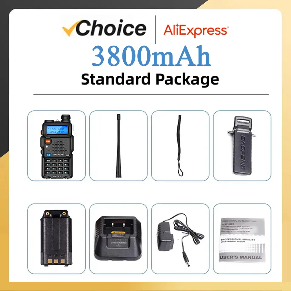 Baofeng UV-5RX 3800mAh Handheld Radio Enlarged Thicker Battery USB-C Charge Multi Bands AM Aviation Band 128 Channel Transceiver