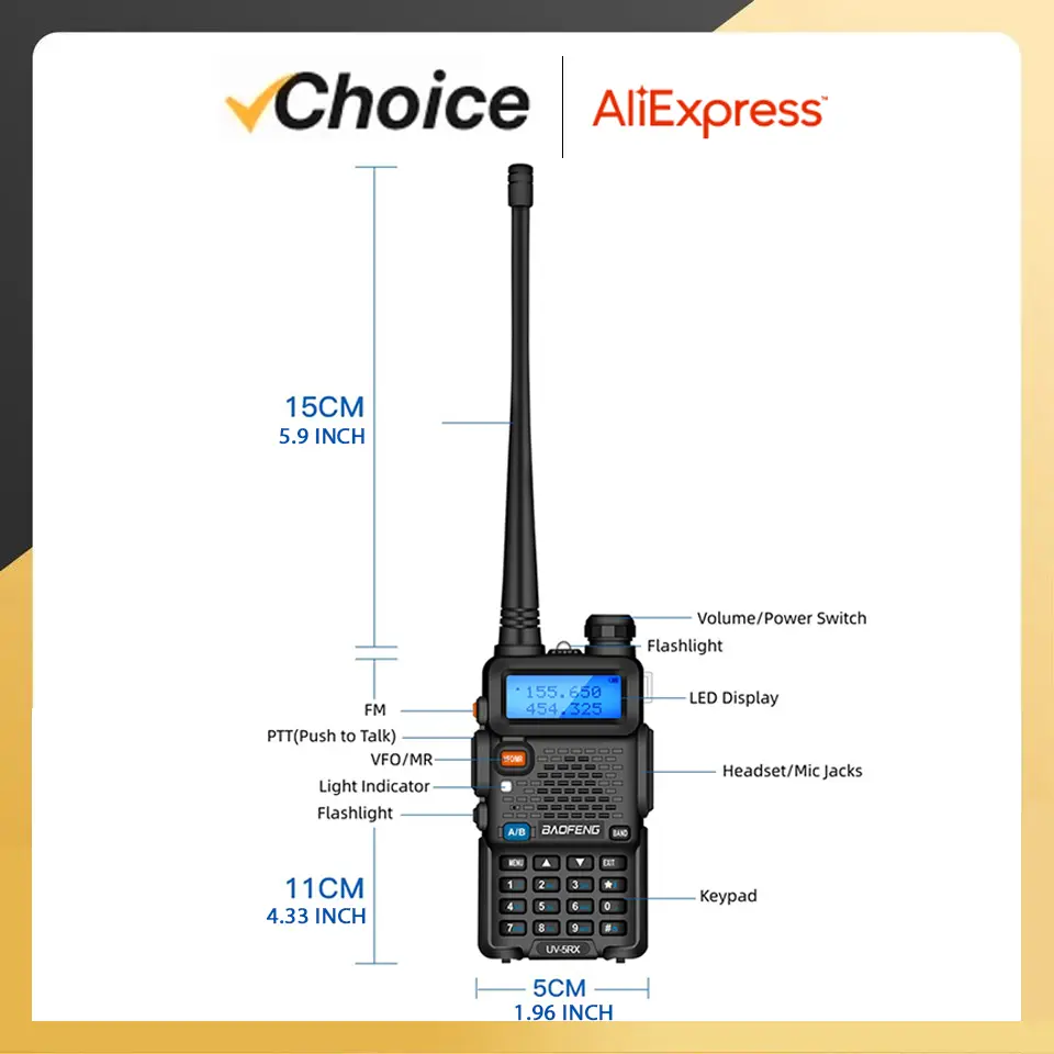 Baofeng UV-5RX 3800mAh Handheld Radio Enlarged Thicker Battery USB-C Charge Multi Bands AM Aviation Band 128 Channel Transceiver