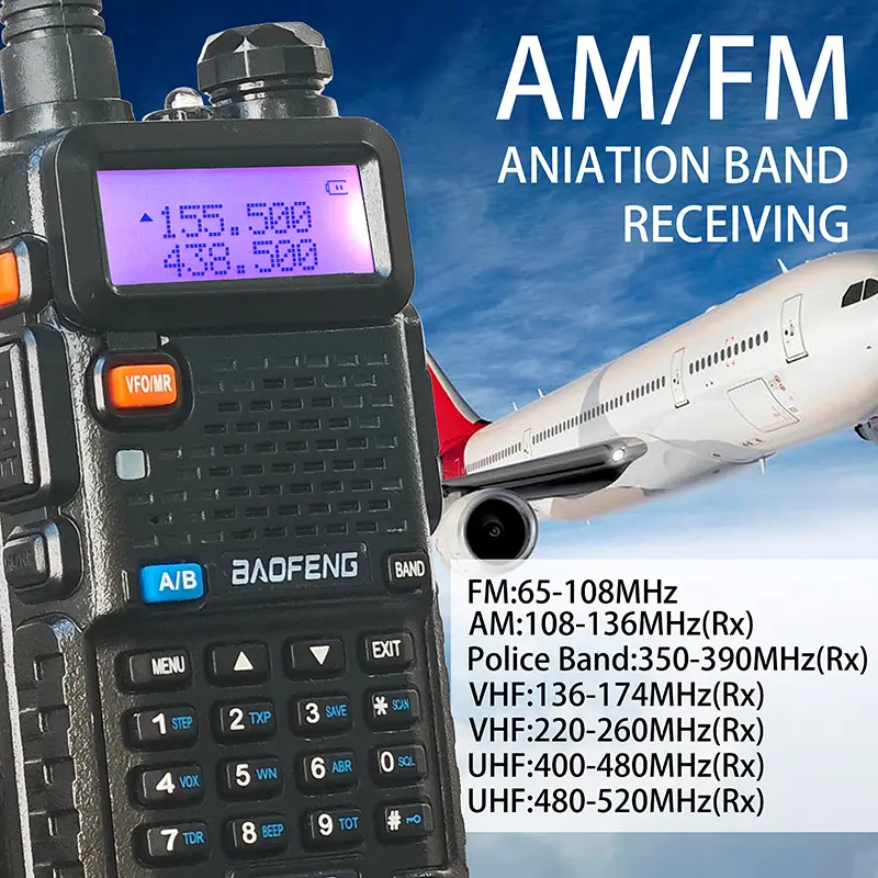 Baofeng UV-5RX 3800mAh Handheld Radio Enlarged Thicker Battery USB-C Charge Multi Bands AM Aviation Band 128 Channel Transceiver