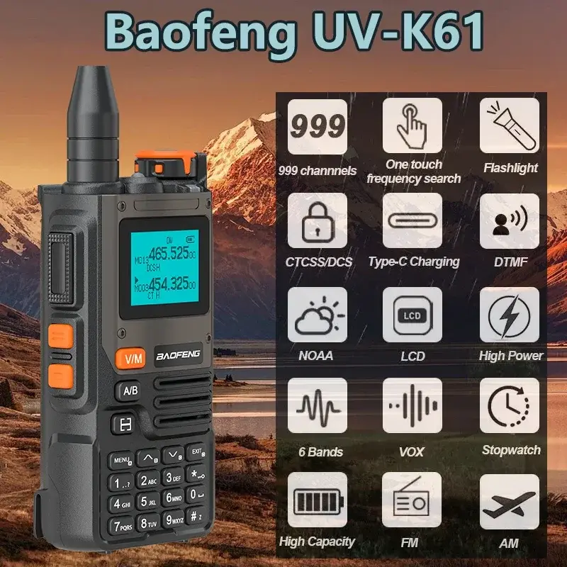 Baofeng UV-K61 Military Walkie Talkie Air Band Type-C Charging UHF VHF AM NOAA 999Channels Wireless Frequency Copy Two Way Radio
