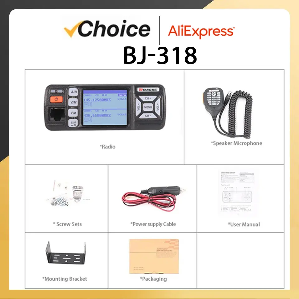 Baojie BJ-318 Mini Car Radio Station 256CH Tri-Power 25W Dual Band VHF/UHF Mobile Radio CB Transceiver Long Range Walkie Talkie