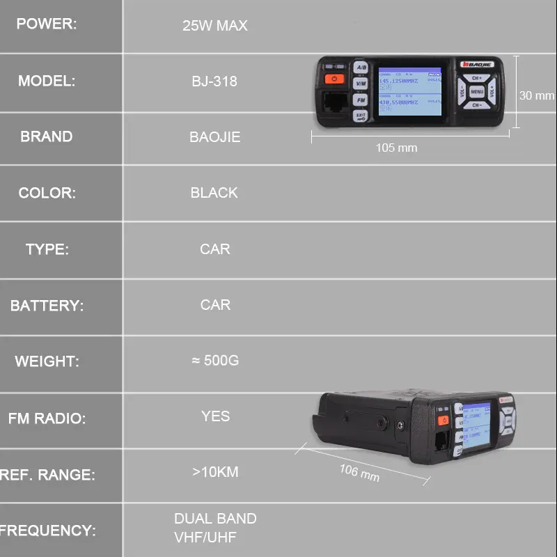 Baojie BJ-318 Mini Car Radio Station 256CH Tri-Power 25W Dual Band VHF/UHF Mobile Radio CB Transceiver Long Range Walkie Talkie