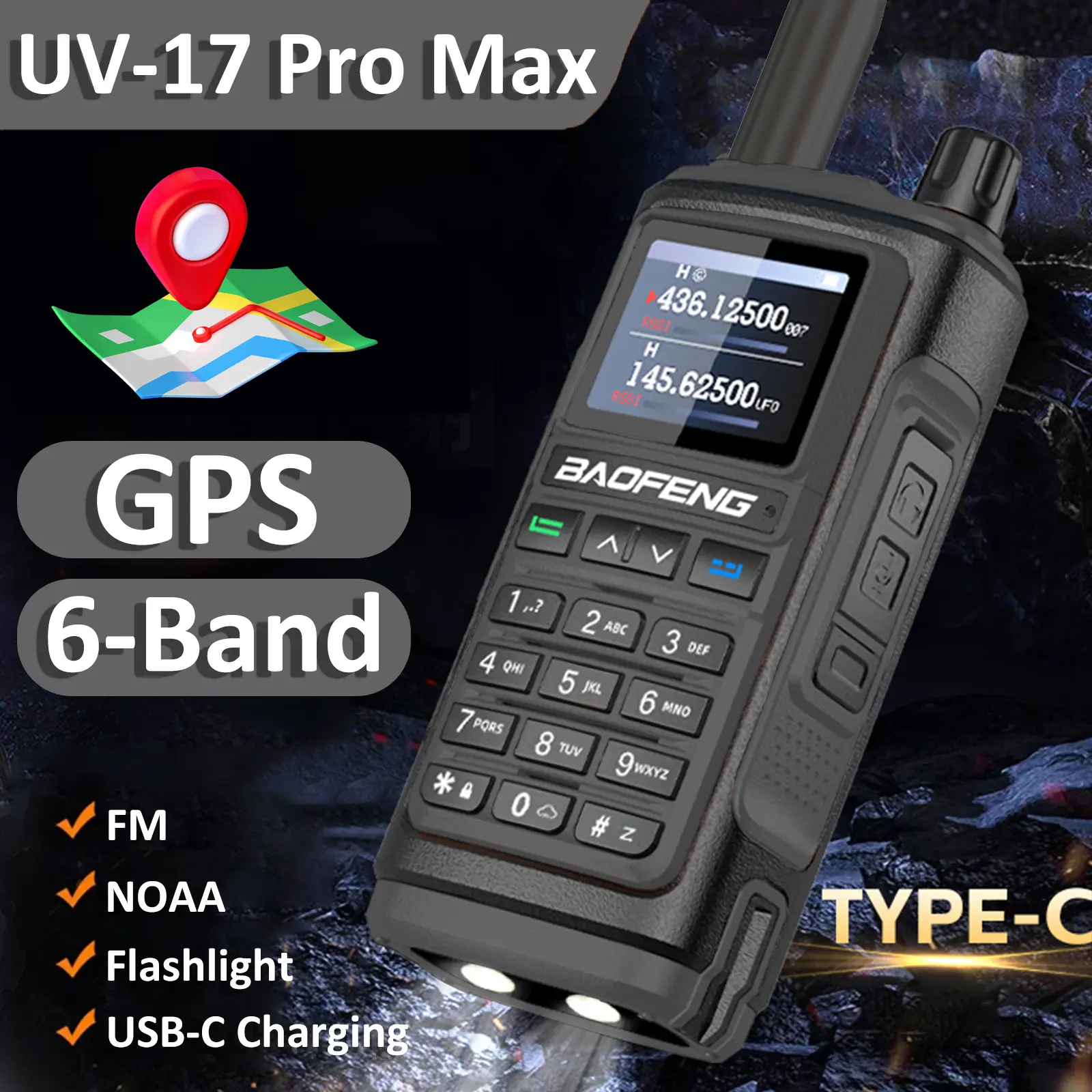 Baofeng UV-17 Pro Max GPS Walkie Talkie Type-C Charging Wireless Copy Frequency AM FM Two Way Radio High Power 999 Channels NOAA
