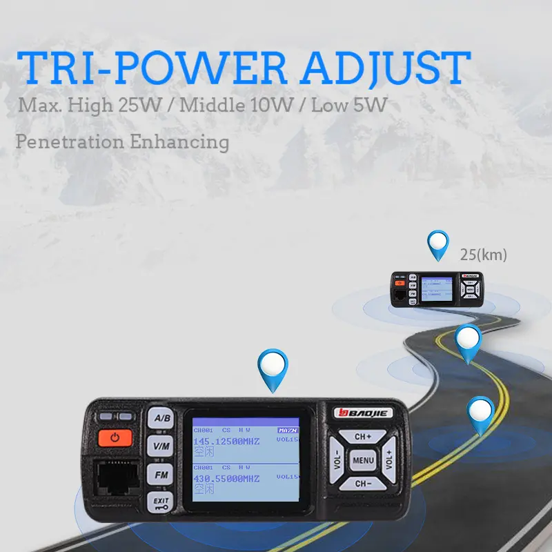 Baojie BJ-318 Mini Car Radio Station 256CH Tri-Power 25W Dual Band VHF/UHF Mobile Radio CB Transceiver Long Range Walkie Talkie
