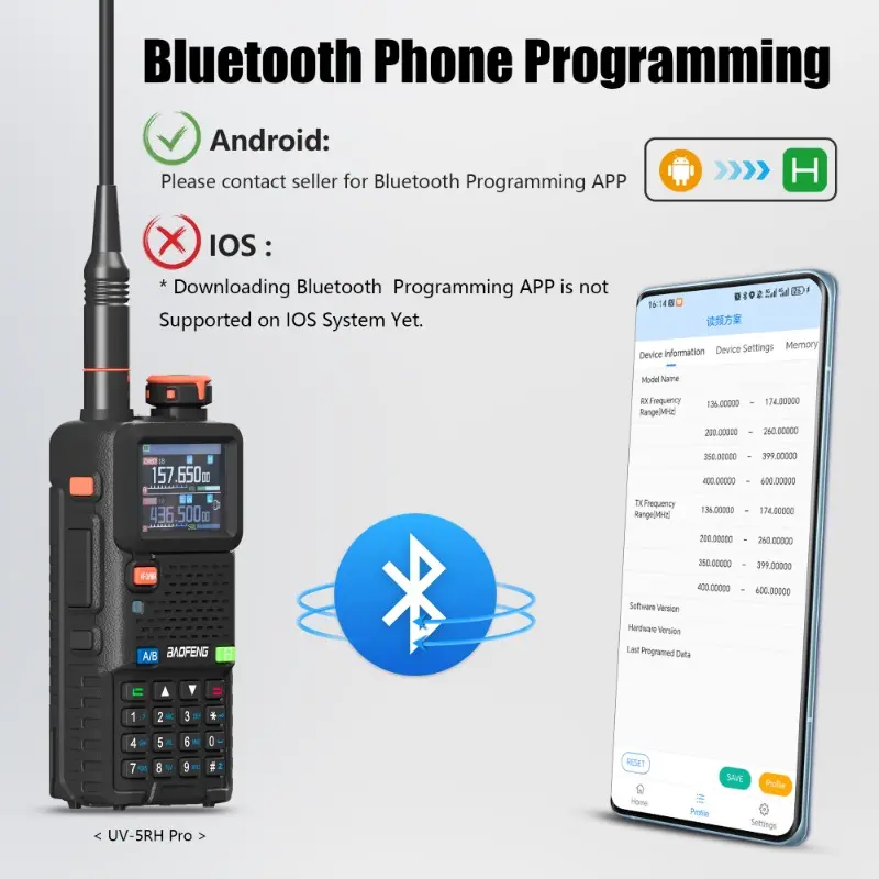 Baofeng UV-5RH pro GPS Dual-Band 10W Walkie Talkie Long Range Bluetooth Phone Programming Long-Lasting Battery Two Way Ham Radio