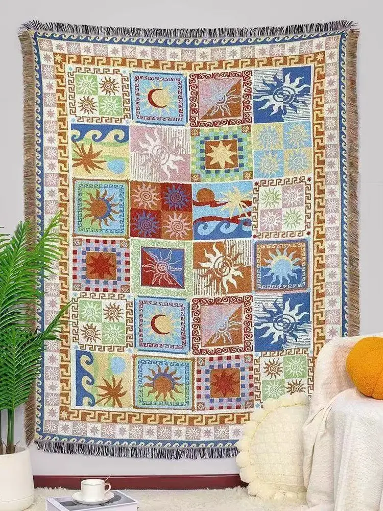 Bohemian Picnic Mat Waterproof Reversible 150x130cm Cotton Linen Blanket For Camping Beach Travel Home Decor