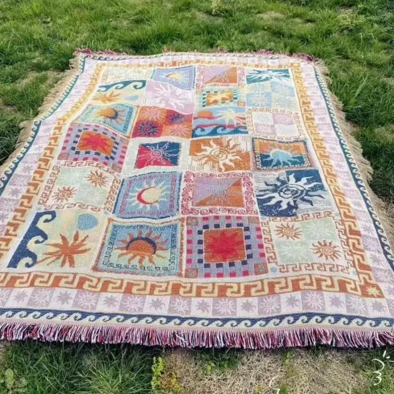 Bohemian Picnic Mat Waterproof Reversible 150x130cm Cotton Linen Blanket For Camping Beach Travel Home Decor