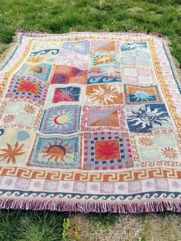Bohemian Picnic Mat Waterproof Reversible 150x130cm Cotton Linen Blanket For Camping Beach Travel Home Decor