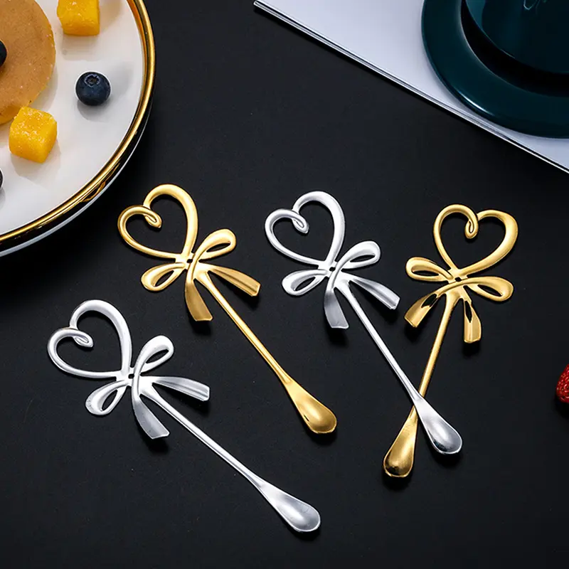 1pc Stainless Steel Coffee Spoon 3D Bow Knot Heart Shaped Mini Spoon Tea Dessert Hanging Gold Silver Spoons Household Flatware