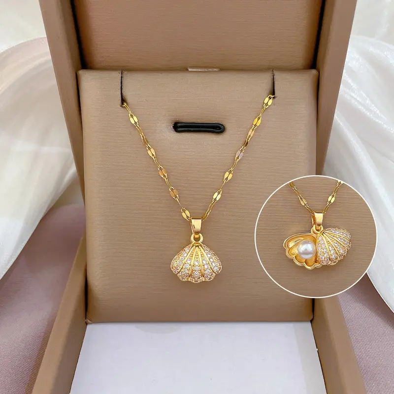 Women's Pearl Necklace With Rhinestone Shell Titanium Pendant Non-Tarnish Metal Jewelry Accessory