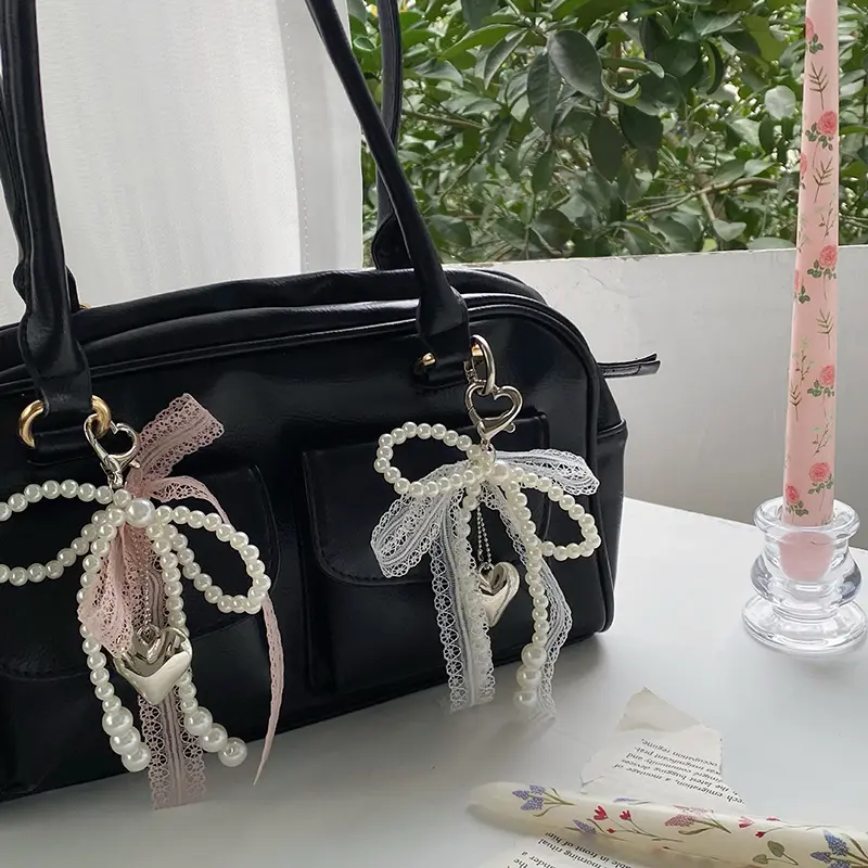 2024 Sweet Pearl Bow Car Keychain Heart Lace Pendant Korean Y2K Style Beauty Girl Bag Accessory Gift