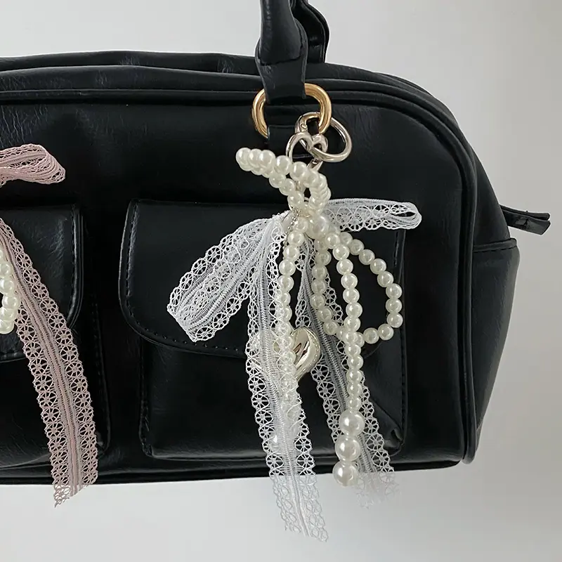 2024 Sweet Pearl Bow Car Keychain Heart Lace Pendant Korean Y2K Style Beauty Girl Bag Accessory Gift