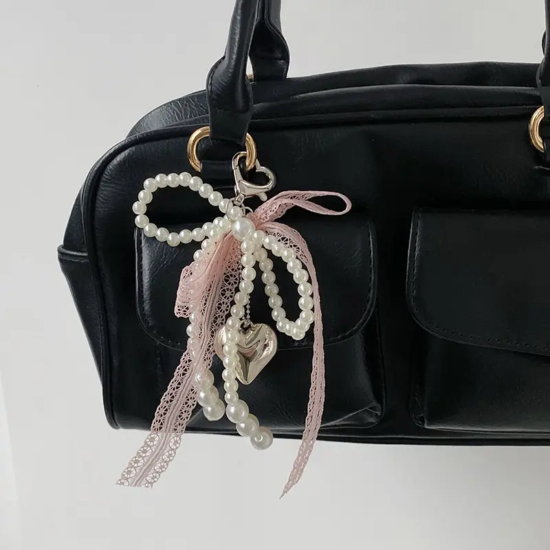 2024 Sweet Pearl Bow Car Keychain Heart Lace Pendant Korean Y2K Style Beauty Girl Bag Accessory Gift
