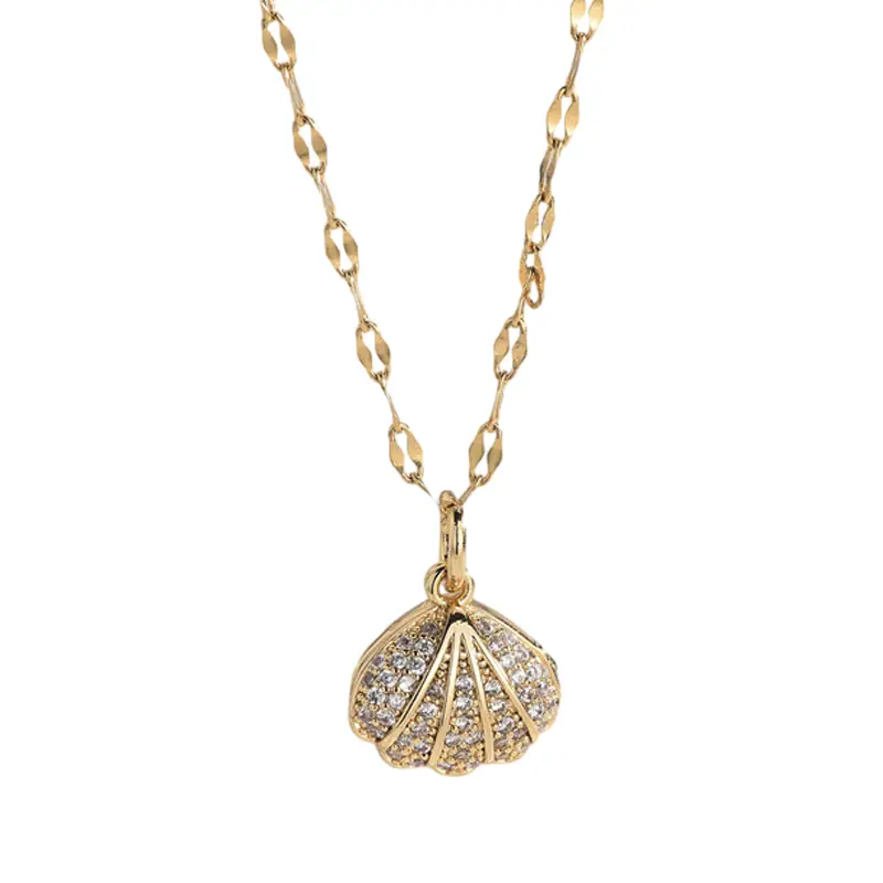 Women's Pearl Necklace With Rhinestone Shell Titanium Pendant Non-Tarnish Metal Jewelry Accessory
