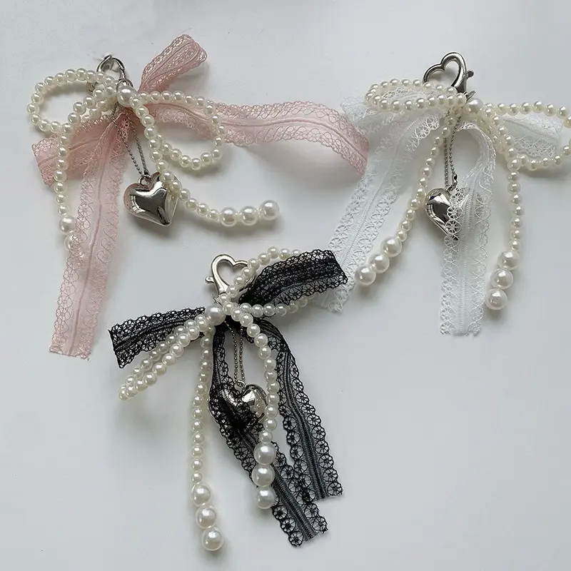 2024 Sweet Pearl Bow Car Keychain Heart Lace Pendant Korean Y2K Style Beauty Girl Bag Accessory Gift