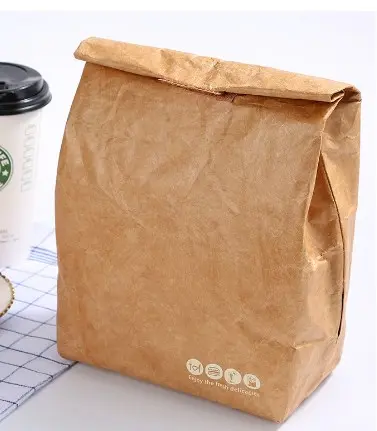 Reusable Brown Paper Lunch Bag With Magnetic Closure Insulated Thermal Cooler Sack For Picnics And Work