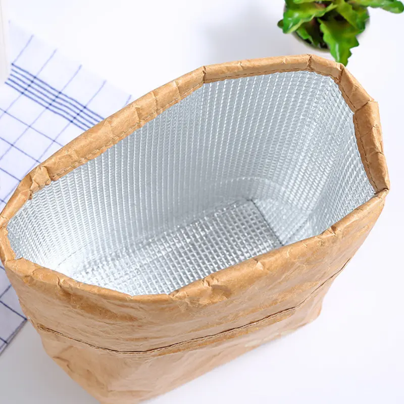 Reusable Brown Paper Lunch Bag With Magnetic Closure Insulated Thermal Cooler Sack For Picnics And Work