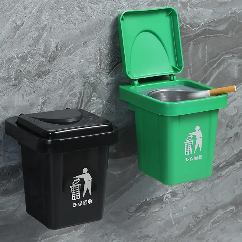 Stainless Steel Trash Can Ashtray With Lid Wall Hanging Bathroom Ashtray Anti-fly Notch Design For Smoke Accessories