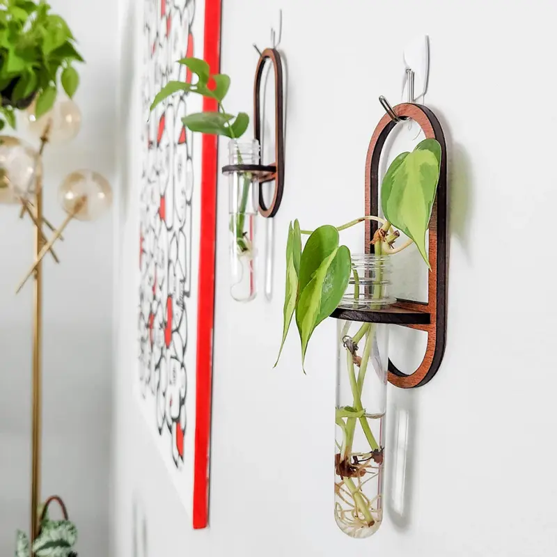 Plant Wall Vase Wooden Stand Hydroponic Plant Container Display Shelf Transparent Plant Hedge Garden Bedroom Home Decoration