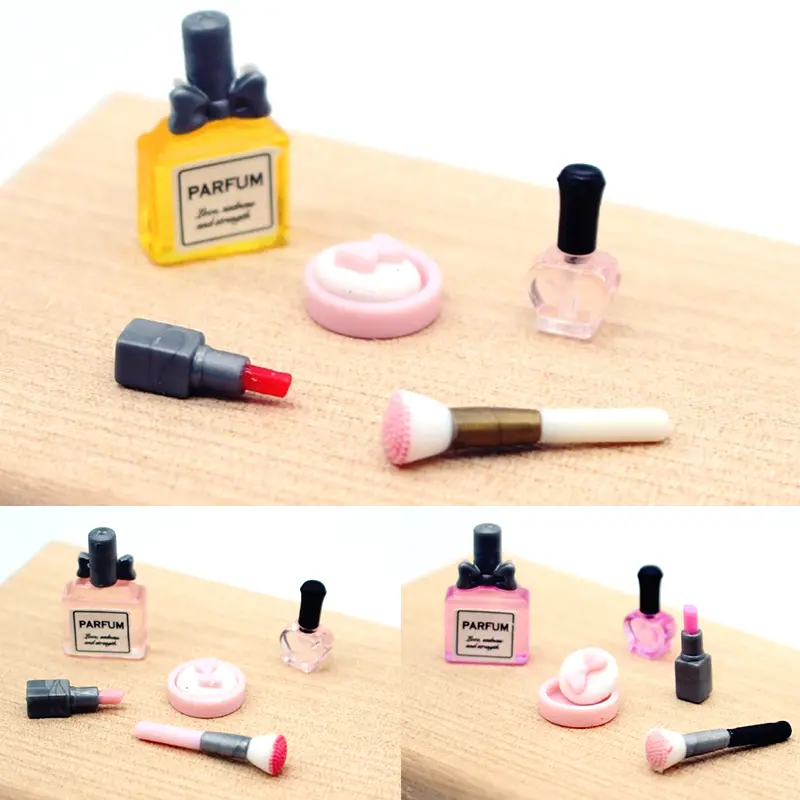 1Set Dollhouse Miniature Cosmetic Set with Lipstick Pressed Powder Perfume Makeup Brush Model Doll Makeup Scene Decor Accessory