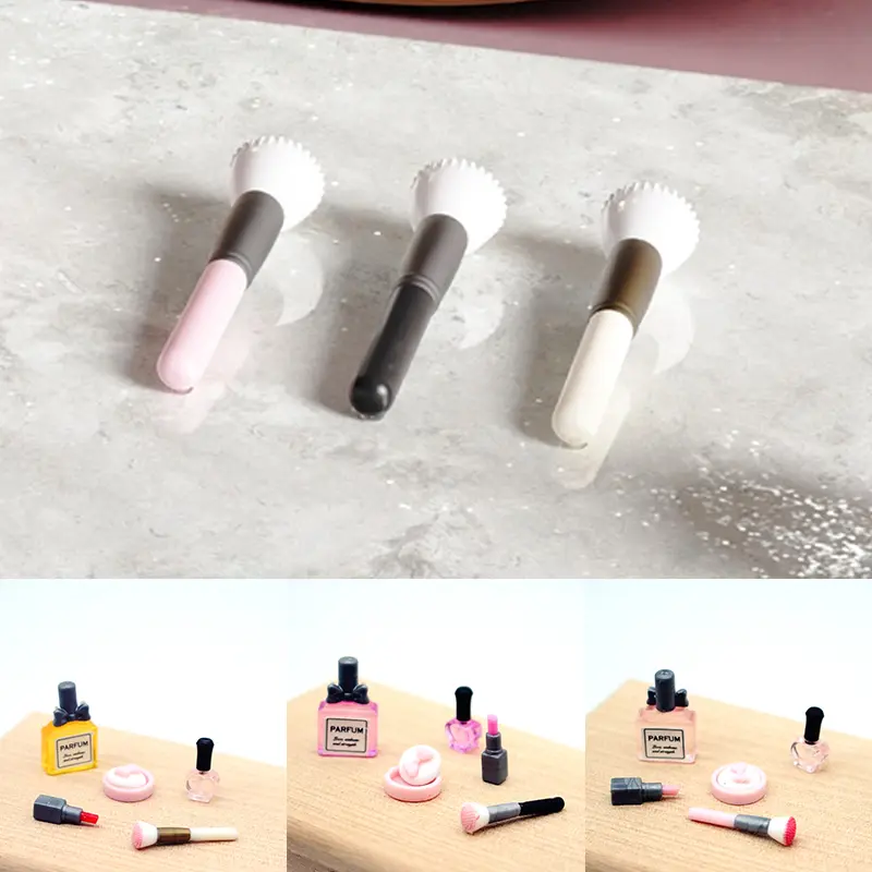 1Set Dollhouse Miniature Cosmetic Set with Lipstick Pressed Powder Perfume Makeup Brush Model Doll Makeup Scene Decor Accessory