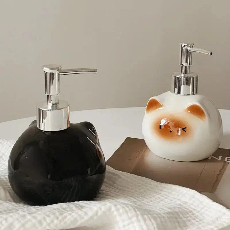 Ceramic Siamese Cat Hand Sanitizer Press Bottle Toilet Shampoo Shower Gel Packaging Bottle Dispenser For Liquid Soap