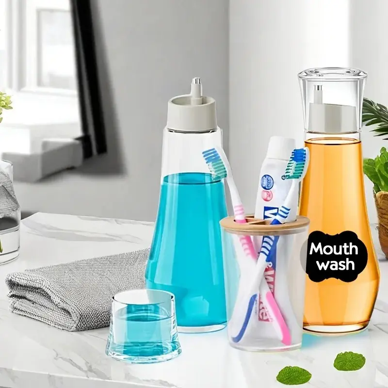 Refillable Glass Mouthwash Dispenser With Lid - 5.07/8.79oz Clear Bathroom Countertop Container For Easy Portability