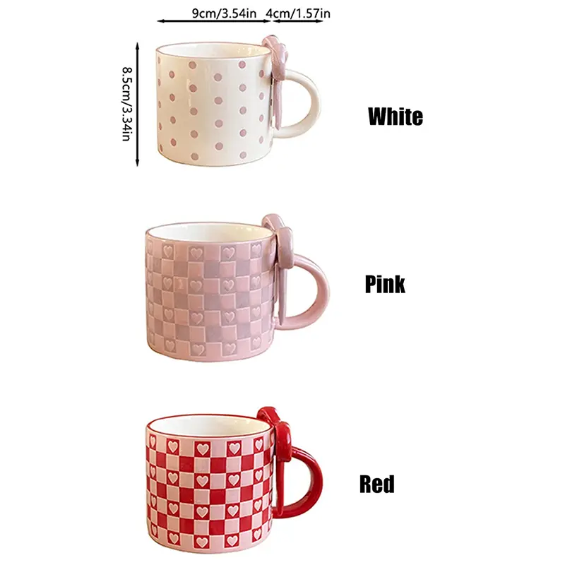 Creative Bow Handle Heart Ceramic Mug Checkerboard Pattern Coffee Cup For Home Decoration