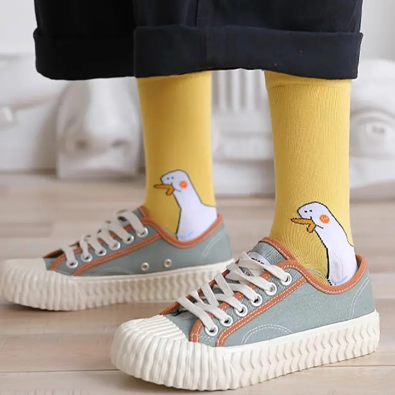 1 Pair Cartoon White Goose Socks Cute Little Duck Pattern Socks Lovely Mid Tube Socks For Girls Novelty Casual Sockwear