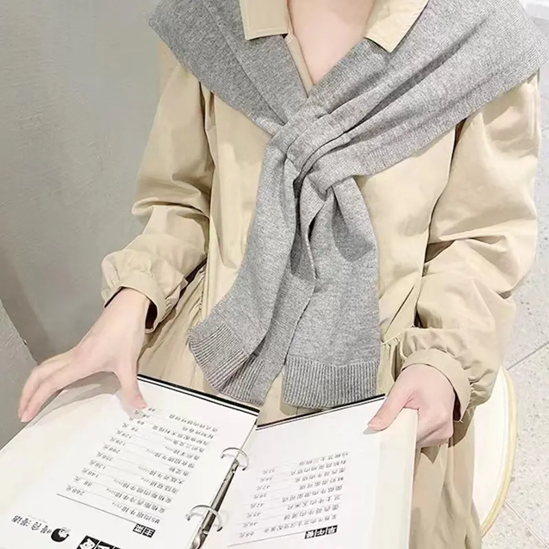 Korean Neck Guard Scarve Solid Color Woman's Knitted Cross Shawl Blouse Shoulders Fake Collar Cape Knotted Scarf