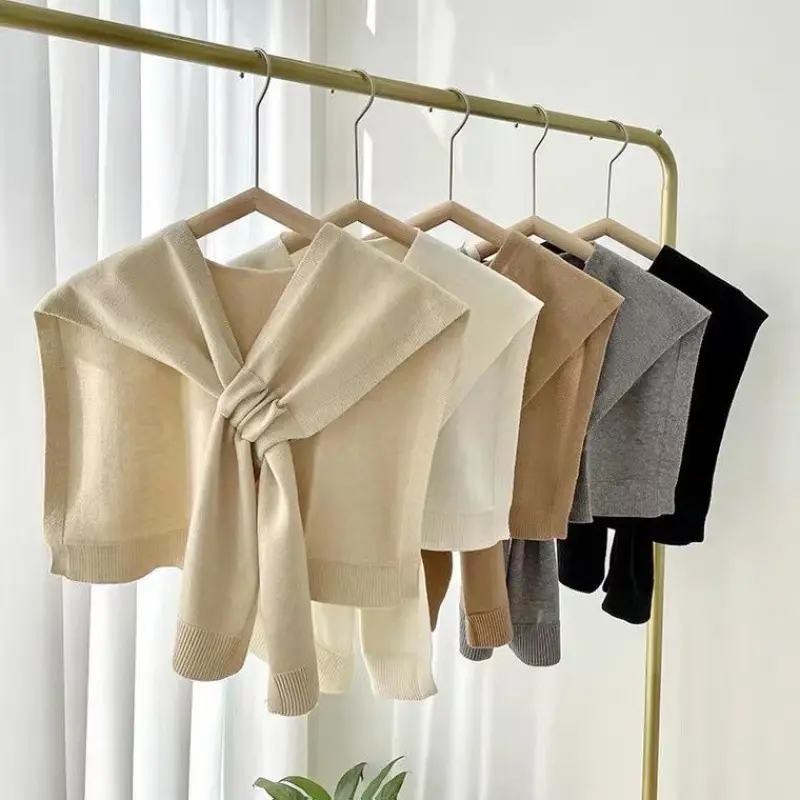 Korean Neck Guard Scarve Solid Color Woman's Knitted Cross Shawl Blouse Shoulders Fake Collar Cape Knotted Scarf