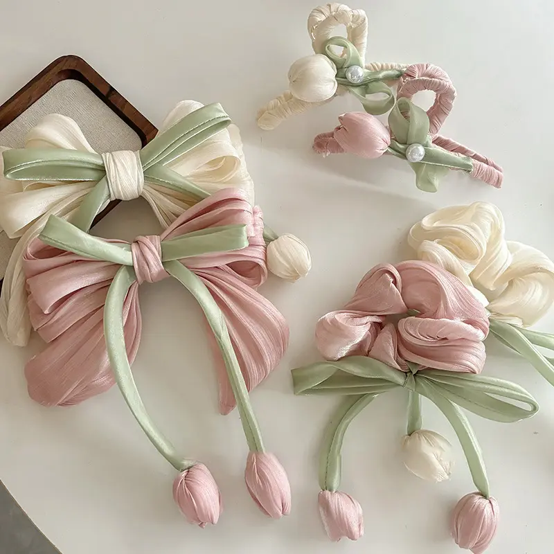 Fashion Sweet Tulip Ribbon Hair Ring For Women Girls Cute Elegant Bowknot Hair Clip Exquisite Tassels Hair Accessories Gifts