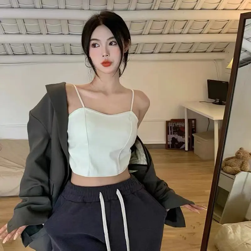 Women Faux Leather Camisole With Shelf Padded Bra Sexy Shirred Lace Backless Spaghetti Strap Crop Tube Top Slim Bralette