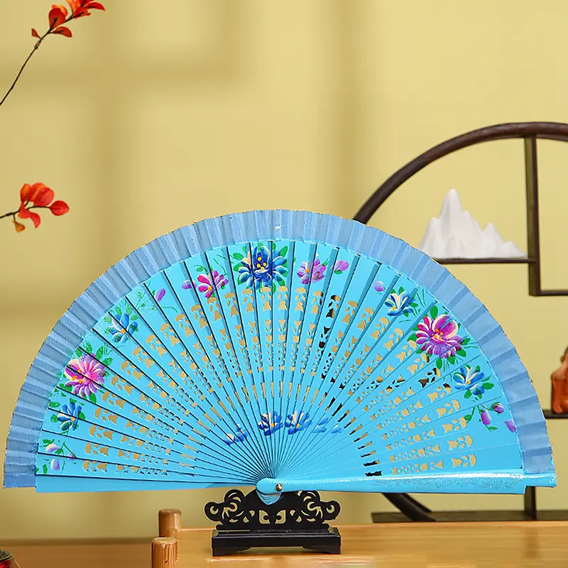 Chinese Style Double-Sided Folding Fan Hollow Double-sided Craft Gift Dancing Printing Wood Spanish Hand Fan Party Supplies