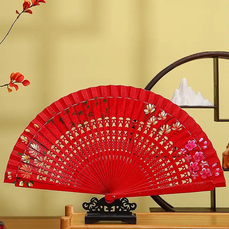 Chinese Style Double-Sided Folding Fan Hollow Double-sided Craft Gift Dancing Printing Wood Spanish Hand Fan Party Supplies
