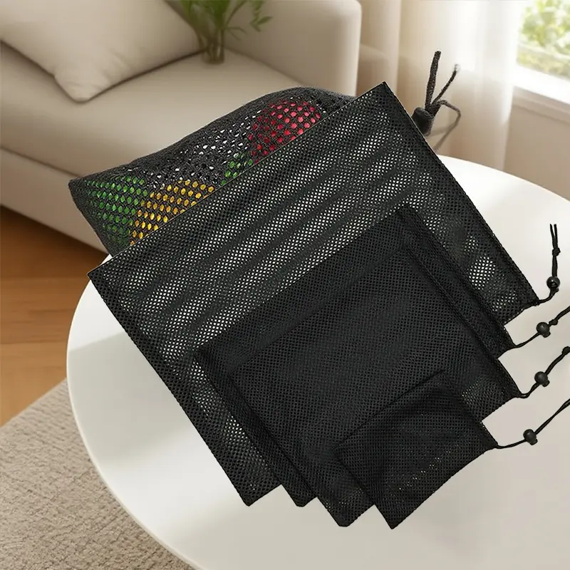 Black White Durable Mesh Drawstring Storage Bag Multi-Purpose Use For Home Travel Outdoor Activities Laundry Pouch & Pencil Case