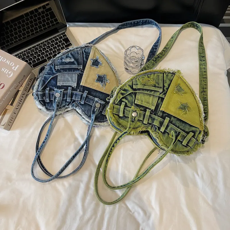 LEFTSIDE Small Denim heart-shaped Underarm Bags for Women 2025 Y2K Ladies Shoulder Bag Females Handbags and Purses Crossbody Bag