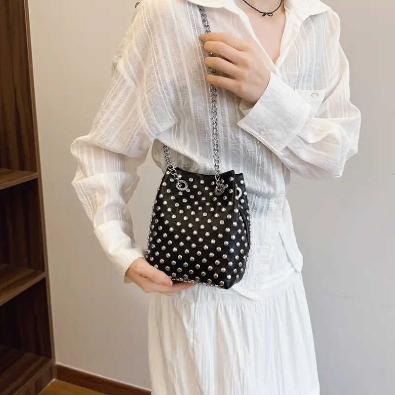 LEFTSIDE Retro Small Rivets PU Leather Shoulder Bag for Women 2025 Punk Style Bucket Handbags and Purses Females Crossbody Bags