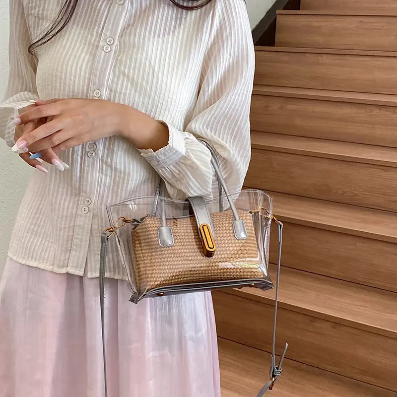 LEFTSIDE Small PVC Transparent Shoulder Bags for Women 2025 Summer Straw Handbags and Purses Female Travel Shoulder Tote Bag