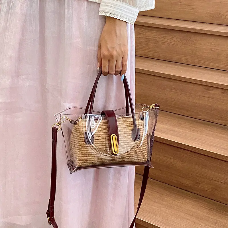 LEFTSIDE Small PVC Transparent Shoulder Bags for Women 2025 Summer Straw Handbags and Purses Female Travel Shoulder Tote Bag