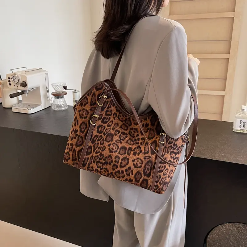 LEFTSIDE Big Leopard PU Leather Tote Bags Lady Shoulder Bag for Women 2024 Winter New Korean Fashion Vintage Handbags and Purses