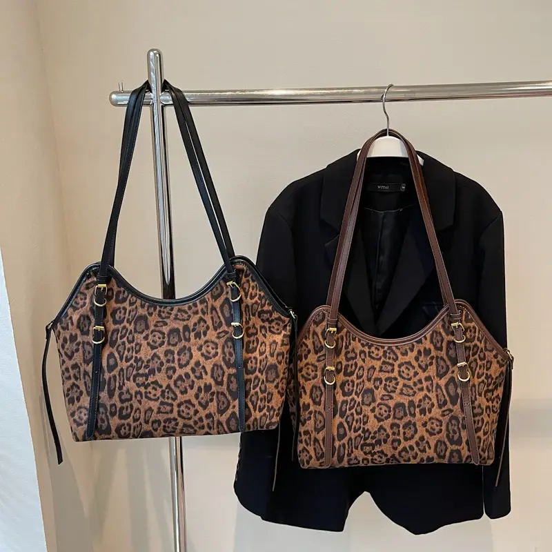 LEFTSIDE Big Leopard PU Leather Tote Bags Lady Shoulder Bag for Women 2024 Winter New Korean Fashion Vintage Handbags and Purses