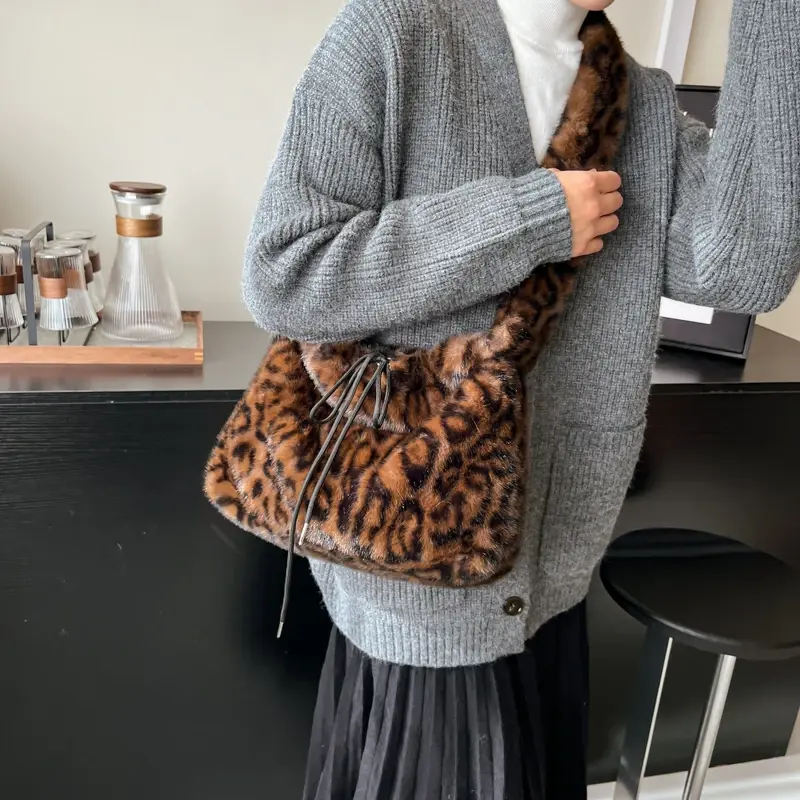 LEFTSIDE Small Leopard Faux Fur Shoulder Bags for Women 2024 Y2K Winter Korean Fashion New Trends Females Handbags and Purses