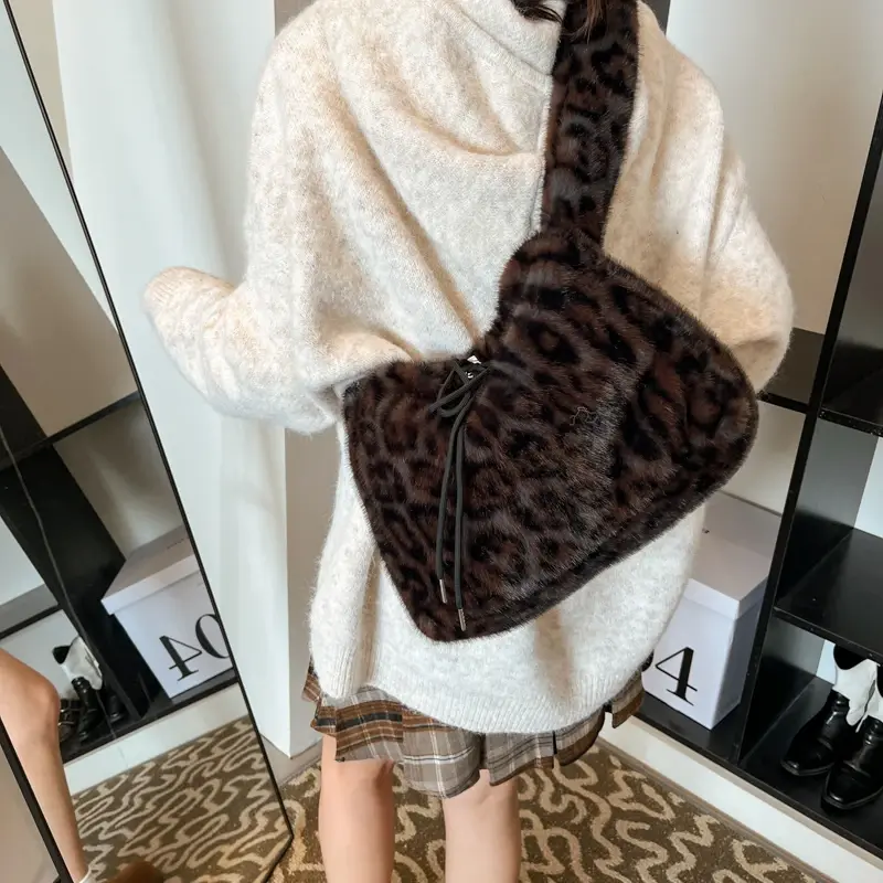 LEFTSIDE Small Leopard Faux Fur Shoulder Bags for Women 2024 Y2K Winter Korean Fashion New Trends Females Handbags and Purses