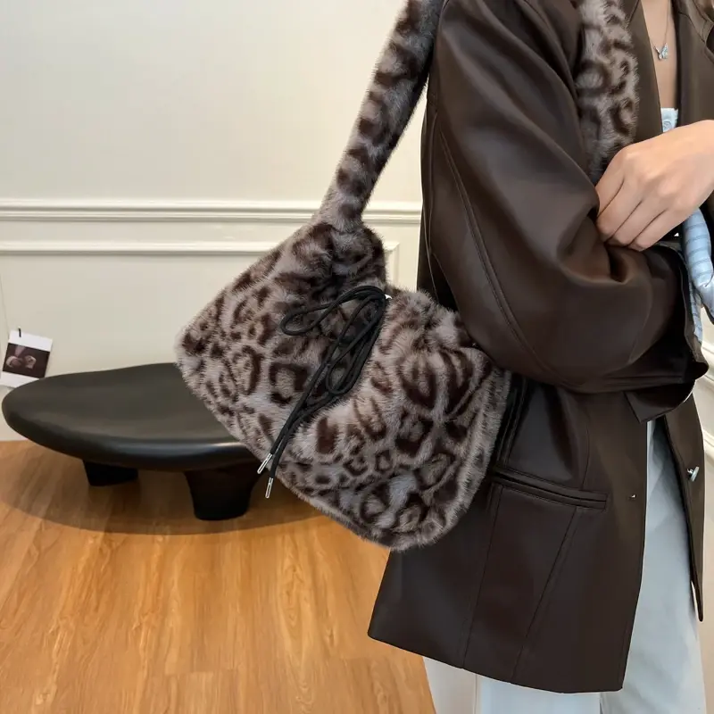 LEFTSIDE Small Leopard Faux Fur Shoulder Bags for Women 2024 Y2K Winter Korean Fashion New Trends Females Handbags and Purses