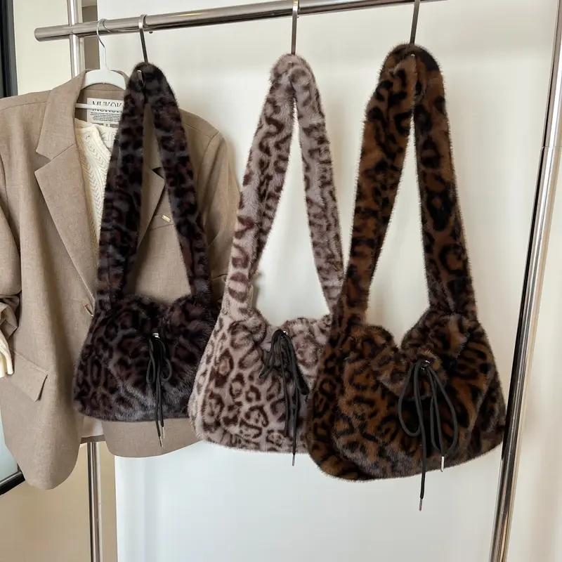 LEFTSIDE Small Leopard Faux Fur Shoulder Bags for Women 2024 Y2K Winter Korean Fashion New Trends Females Handbags and Purses