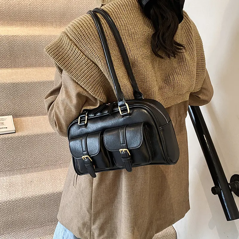 LEFTSIDE Retro PU Leather Double Pockets Underarm Bags For Women 2024 Winter Y2K New Korean Fashion Female Shoulder Bag Handbags