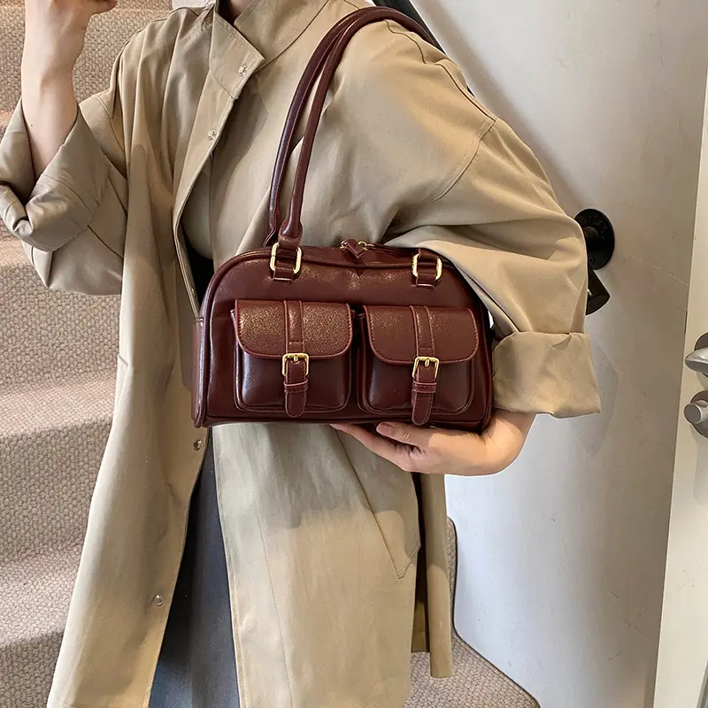 LEFTSIDE Retro PU Leather Double Pockets Underarm Bags For Women 2024 Winter Y2K New Korean Fashion Female Shoulder Bag Handbags