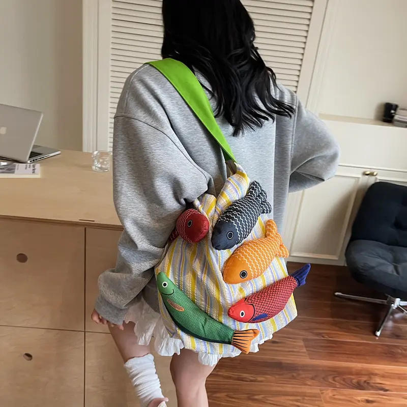 LEFTSIDE Fish Design Soft Cloth Shoulder Bag 2025 New Trend Hand Bag Beach Bag Holiday Travel Handbag Shopper Shopping Purse