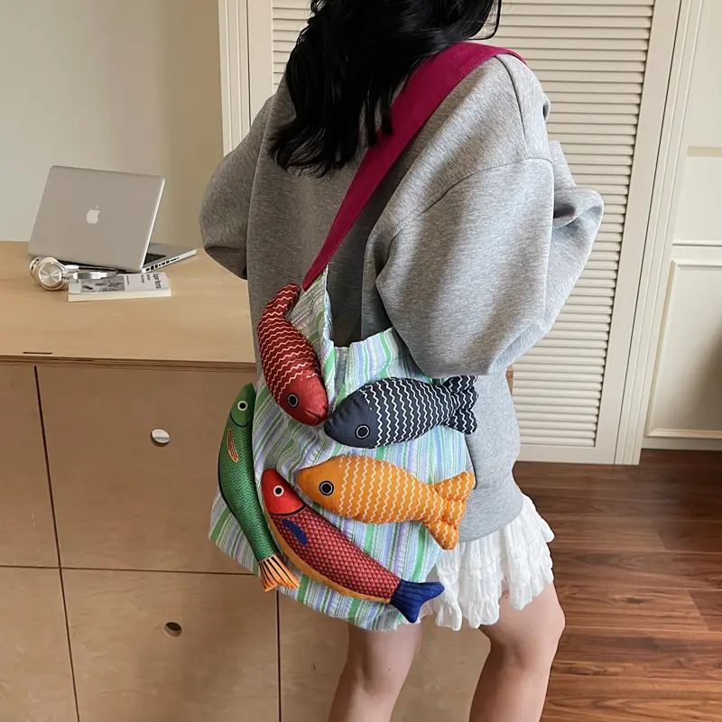 LEFTSIDE Fish Design Soft Cloth Shoulder Bag 2025 New Trend Hand Bag Beach Bag Holiday Travel Handbag Shopper Shopping Purse